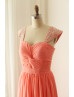 Beaded Cap Sleeves Coral Chiffon Corset Back Bridesmaid Dress